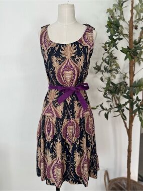 Mango Suit Baroque Print Fit & Flare Dress XS Purple Gold Navy Sleeveless